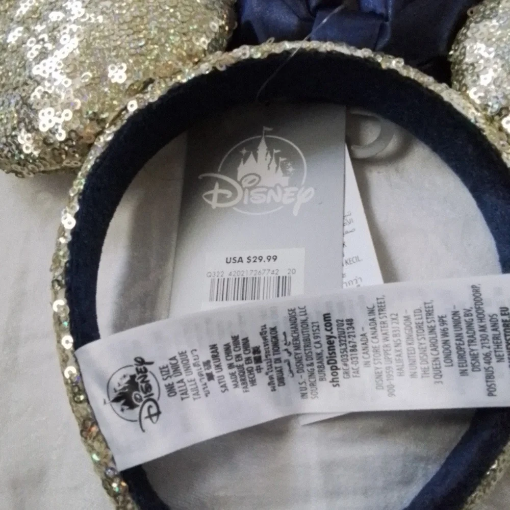 Disney World 50th Anniversary Gold Sequin Blue Satin Minnie Bow Ear Headband